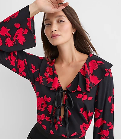 Floral Bow Ruffle Collar Blouse