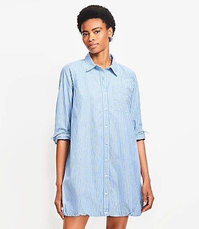 Petite Striped Poplin Bubble Hem Mini Pocket Shirtdress