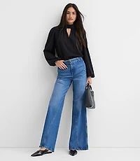 Petite Belted Slim Wide Leg Jeans Bright Medium Stone Wash