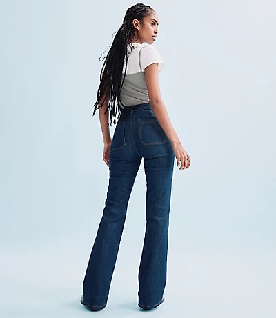Rivete Patch Pocket High Rise Slim Flare Jeans Classic Rinse Wash