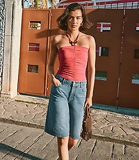 Rivete High Rise Denim Bermuda Shorts Dark Wash