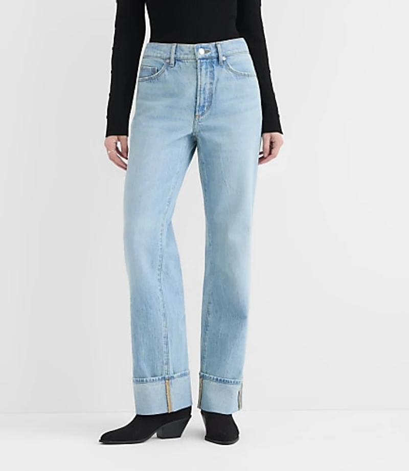 Rivete Petite Curvy Cuffed Mid Rise Relaxed Straight Jeans Light Wash
