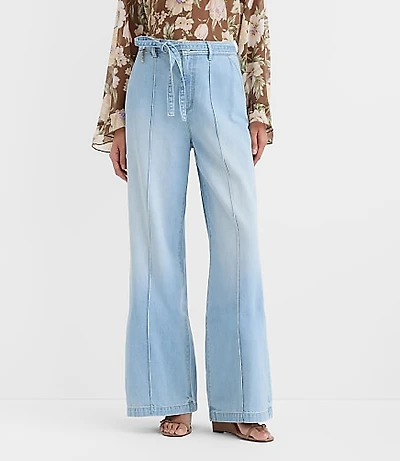 Curvy Tie Waist High Rise Palazzo Jeans Light Wash