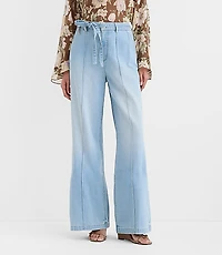 Curvy Tie Waist High Rise Palazzo Jeans Light Wash
