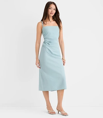 Linen Cotton Ruched Strappy Midi Dress