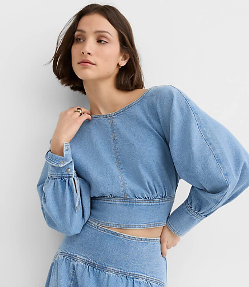 Petite Yoke Denim Blouse Light Wash Indigo