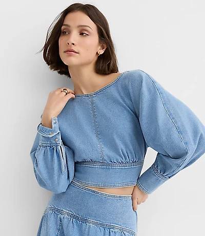Petite Yoke Denim Blouse Light Wash Indigo