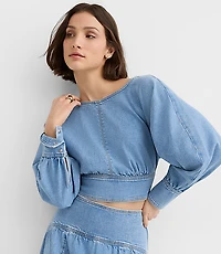 Petite Yoke Denim Blouse Light Wash Indigo