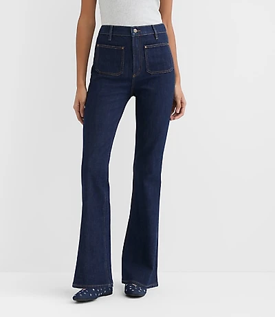 Rivete Curvy Patch Pocket High Rise Slim Flare Jeans Classic Rinse Wash