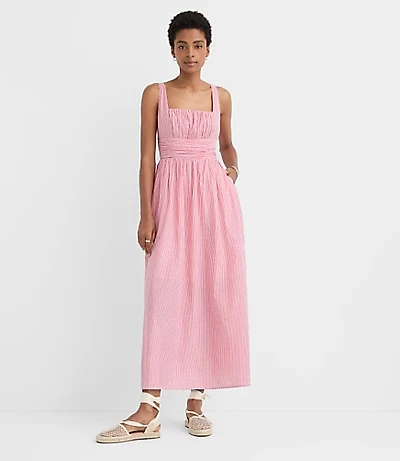 Petite Stripe Shirred Square Neck Midi Pocket Dress