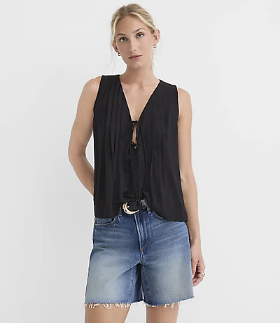 Pleated Tie V-Neck Shell