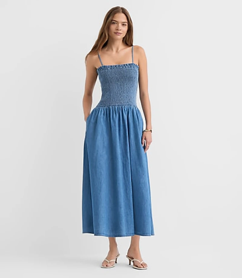Petite Chambray Smocked Strappy Midi Pocket Dress
