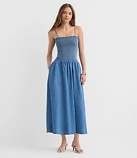 Petite Chambray Smocked Strappy Midi Pocket Dress
