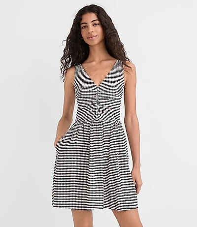 Gingham Ruched Mini Pocket Dress