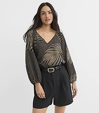 Petite Palm Pleated V-Neck Blouse