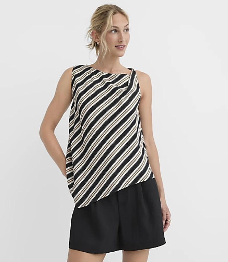 Petite Striped Asymmetrical Twist Shoulder Top