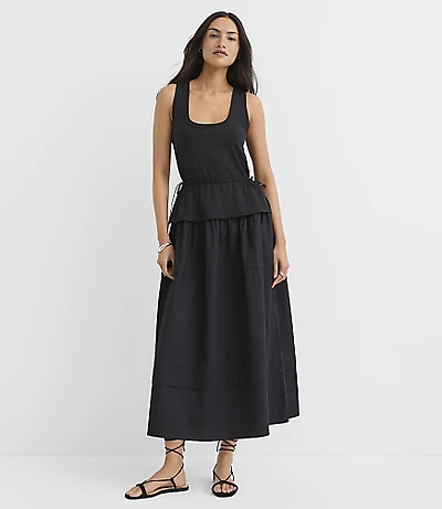 Petite Side Tie Mixed Media Midi Pocket Dress