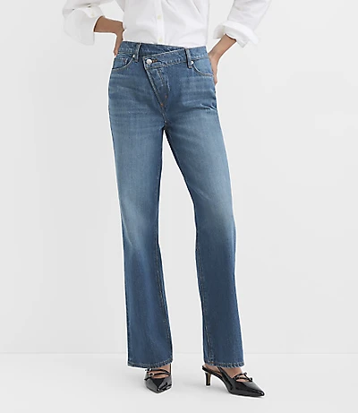 Rivete Curvy Crossover Waist Mid Rise Relaxed Straight Jeans Vintage Distressed Wash