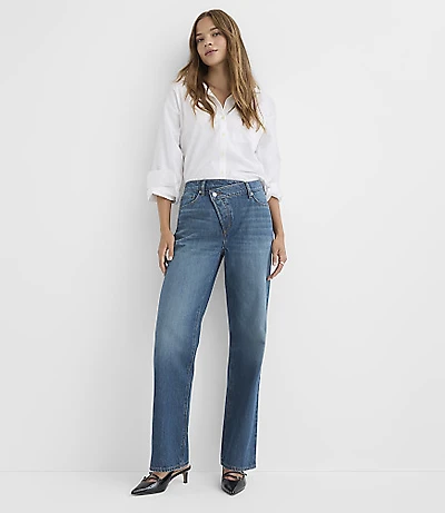 Rivete Tall Crossover Waist Mid Rise Relaxed Straight Jeans in Vintage Distressed Wash