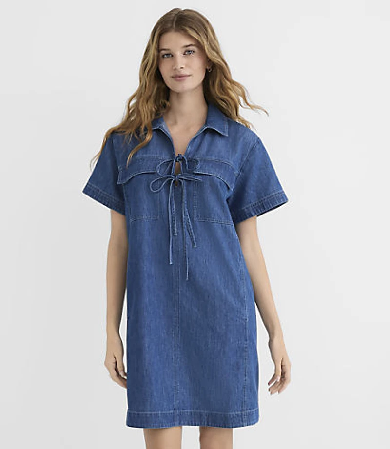 Chambray Bow Mini Pocket Dress