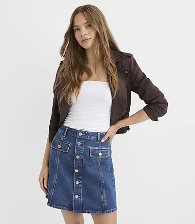 Rivete Button Denim Mini Pocket Skirt Classic Indigo Wash