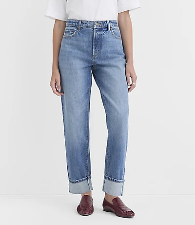 Rivete Selvedge Curvy Cuffed High Rise Straight Jeans Medium Stone Wash
