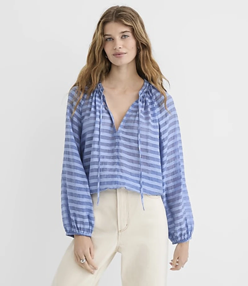 Petite Striped Tie Neck Bubble Blouse