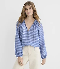 Petite Striped Tie Neck Bubble Blouse