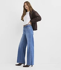 Rivete Petite Side Paneled Fresh Cut High Rise Relaxed Wide Leg Jeans Diem Wash