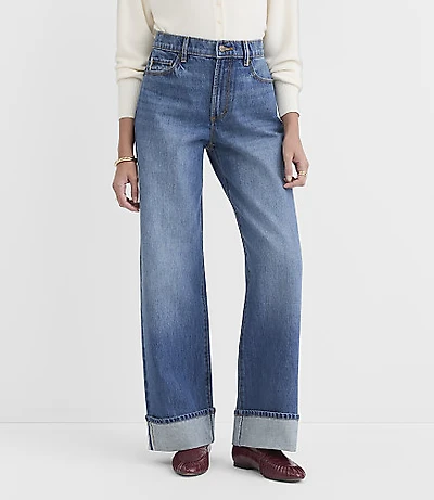 Rivete Selvedge Petite Curvy Cuffed High Rise Wide Leg Jeans Medium Stone Wash