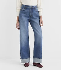 Rivete Selvedge Curvy Cuffed High Rise Wide Leg Jeans Medium Stone Wash