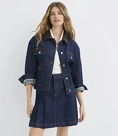 Petite Faux Leather Trim Denim Jacket Classic Rinse Wash