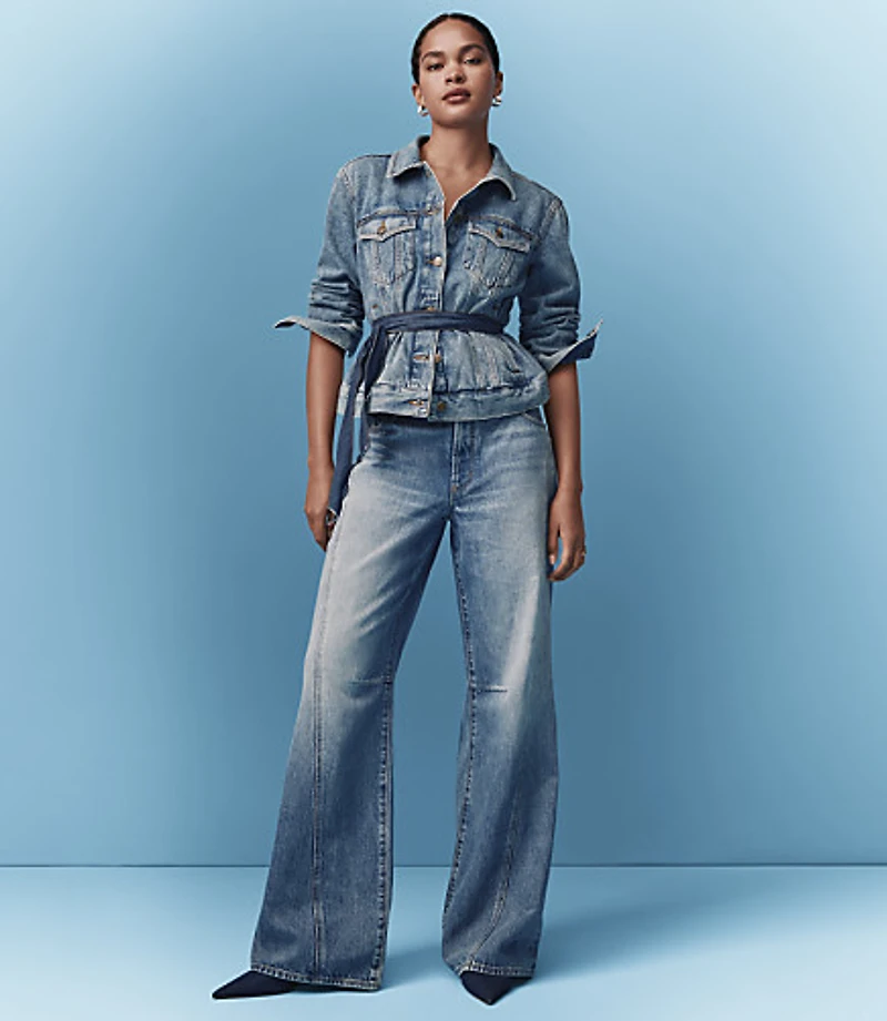 Rivete Petite Seamed Mid Rise Relaxed Flare Jeans Classic Light Indigo