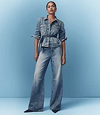 Rivete Petite Seamed Mid Rise Relaxed Flare Jeans Classic Light Indigo