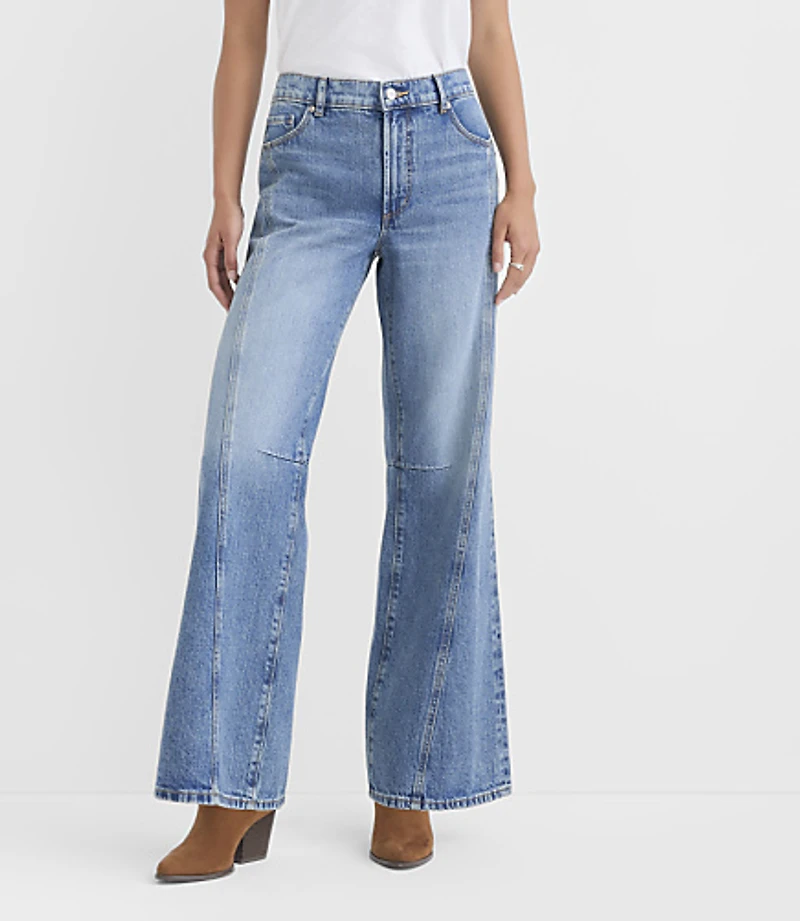 Rivete Petite Curvy Seamed Mid Rise Relaxed Flare Jeans Classic Light Indigo