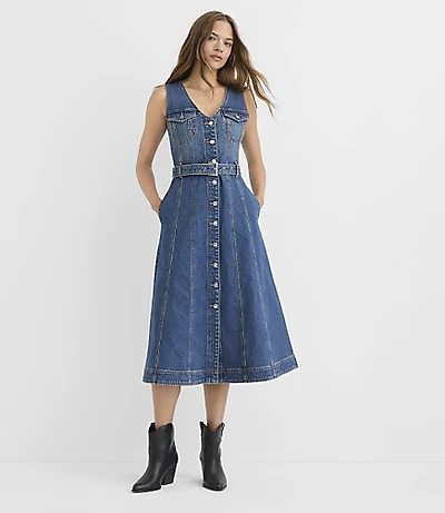 Petite Belted Seamed Denim Midi Pocket Dress Classic Indigo Wash