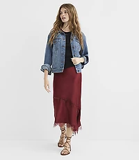 Lace Trim Satin Asymmetrical Midi Skirt