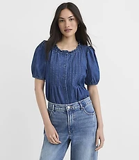 Petite Chambray Pintucked Puff Sleeve Blouse