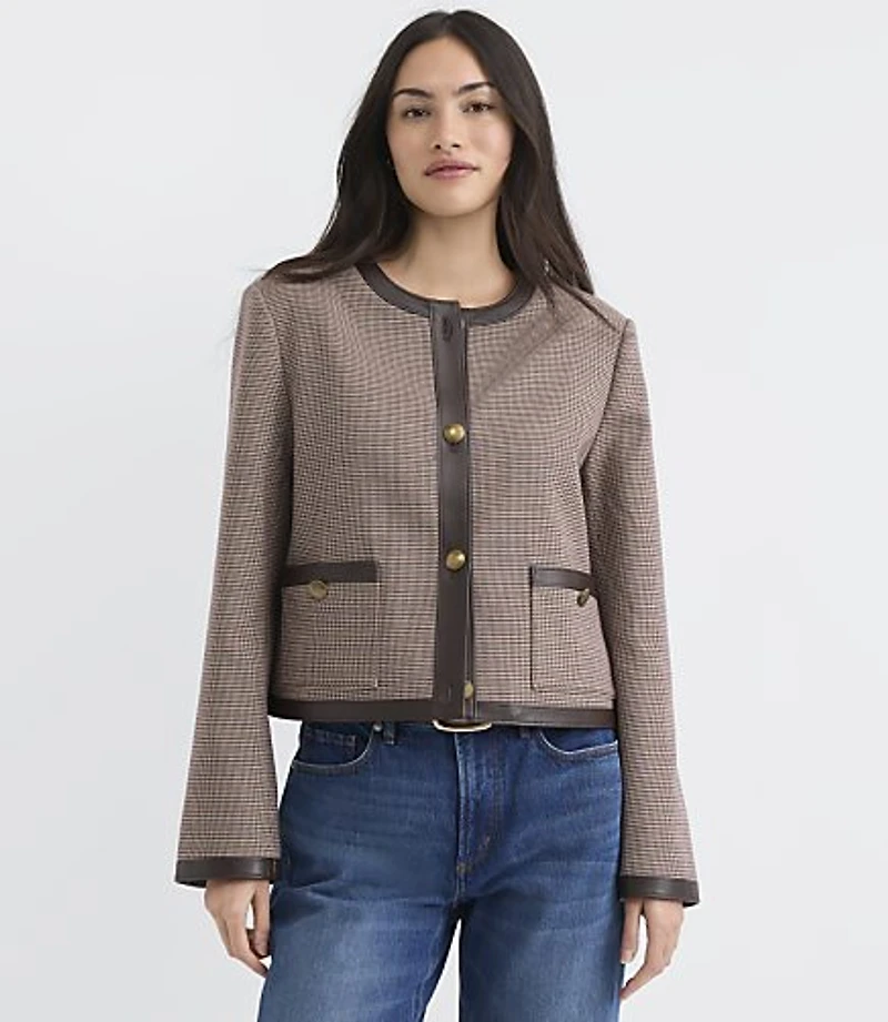 Petite Faux Leather Trim Houndstooth Collarless Jacket
