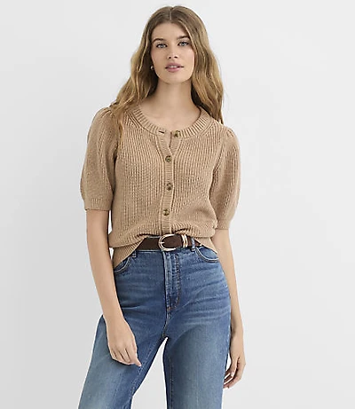Heathered Ribbed Puff Sleeve Cardigan