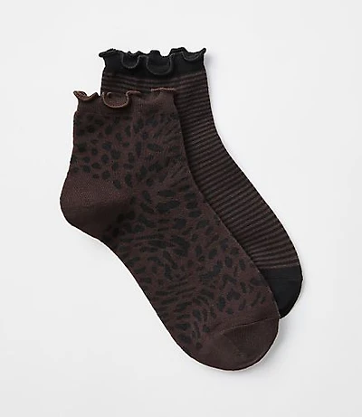 Leopard Print & Stripe Ruffle Ankle Sock Set