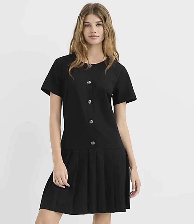Ponte Button Pleated Mini Flounce Dress