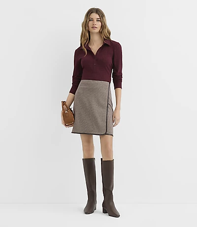 Tall Faux Leather Trim Mini Wrap Skirt Houndstooth