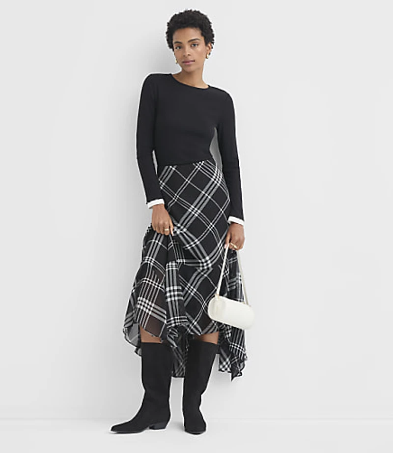 Plaid Scarf Hem Midi Skirt
