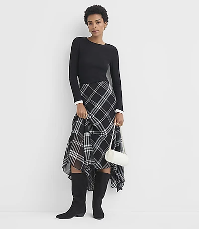 Plaid Scarf Hem Midi Skirt