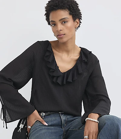 Windowpane Ruffle Tie Cuff Top
