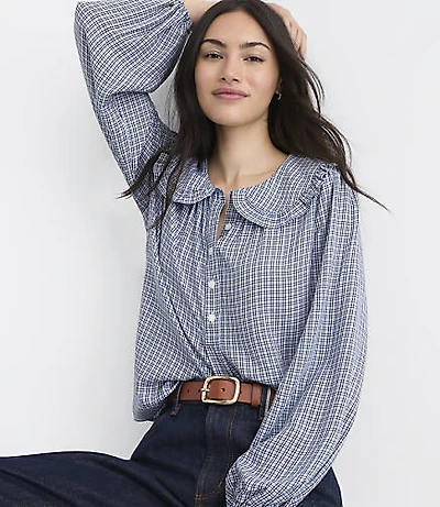 Plaid Ruffle Collar Shirred Henley Blouse