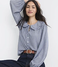 Plaid Ruffle Collar Shirred Henley Blouse