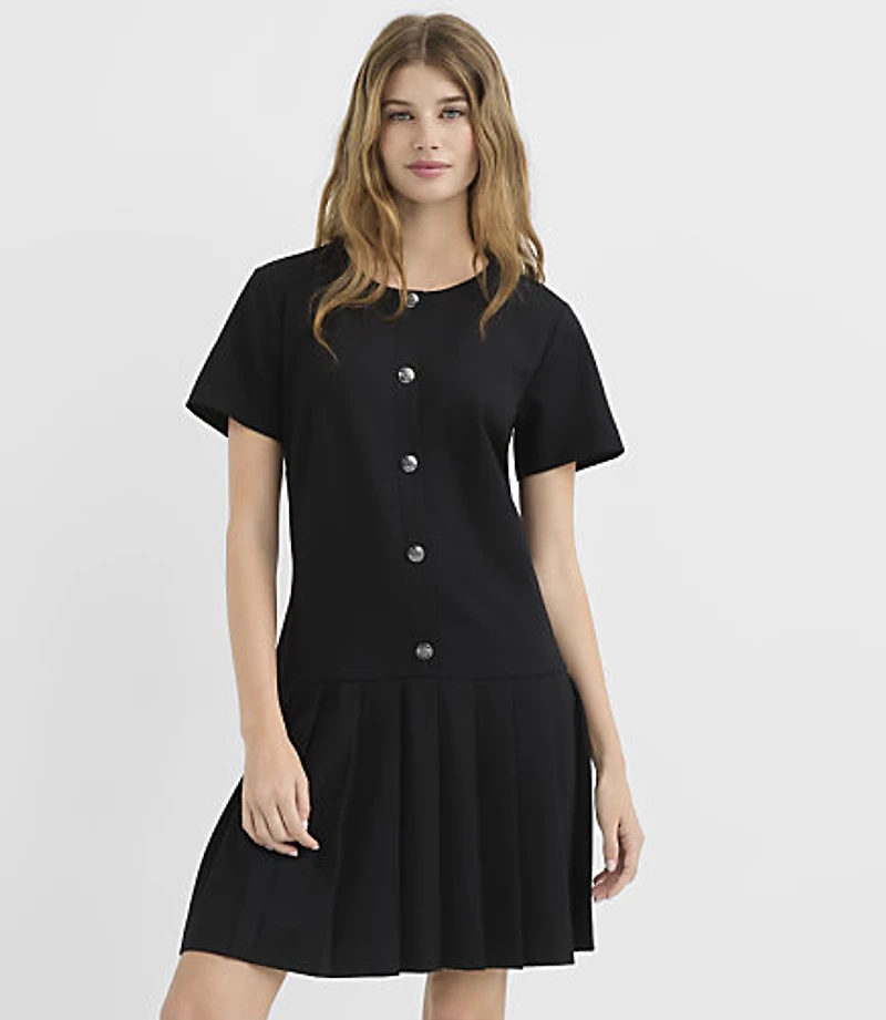 Petite Ponte Button Pleated Mini Flounce Dress