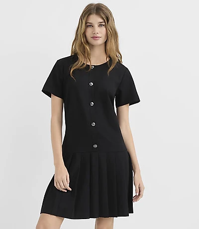 Petite Ponte Button Pleated Mini Flounce Dress